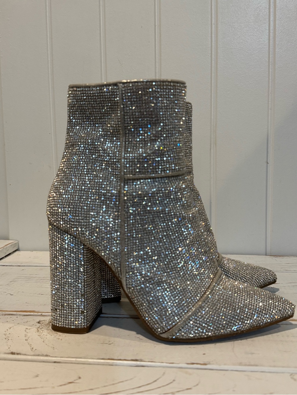 Steve Madden Silver Rhinestone Block Heel Ankle Boots 6.5